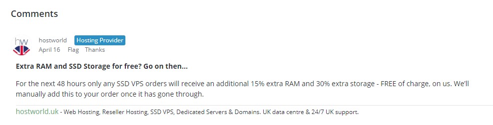 hostworld：英国KVM VPS，免费送15%内存和30%空间，1Gbps端口、不限流量，512MB内存，月付2.99英镑