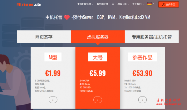 vServer.site：€2/月/1GB内存/5GB SSD空间/不限流量/200Mbps端口/KVM/德国