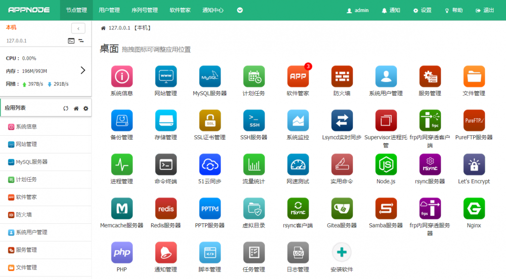 AppNode：Linux下，可视化WEB管理面板，可一键安装Nginx、PHP、Mysql等
