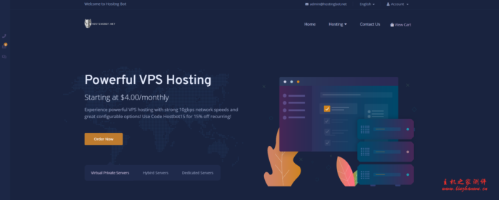 Hositng Bot：$5/月/3核/1GB内存/40GB SSD空间/1TB流量/10Gbps端口/KVM/洛杉矶/达拉斯
