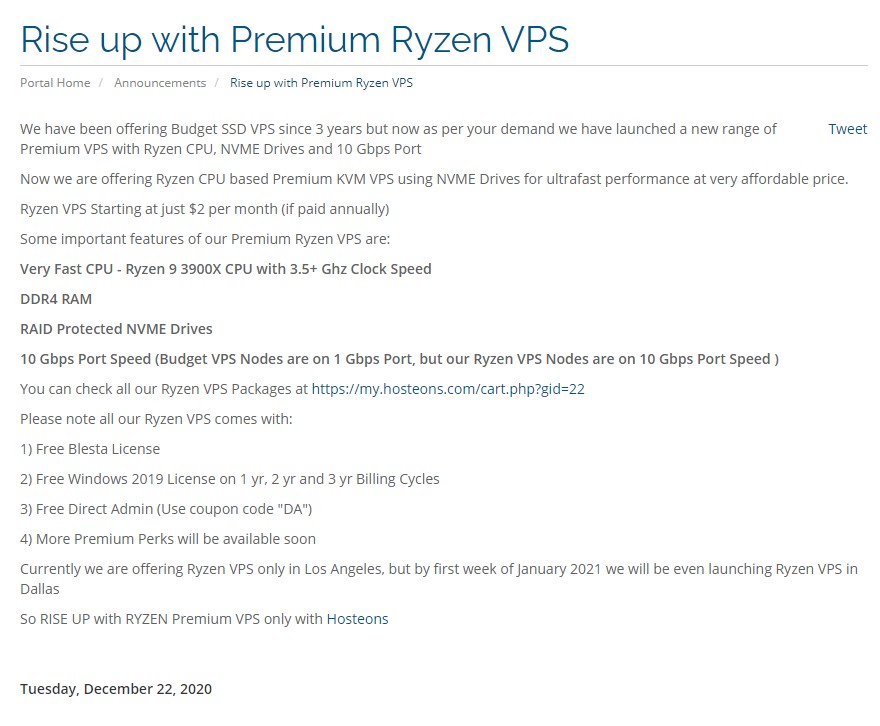 Hosteons：$24/年/Ryzen 9 3900X/512MB内存/10GB SSD空间/500GB流量/10Gbps端口/KVM/洛杉矶/达拉斯