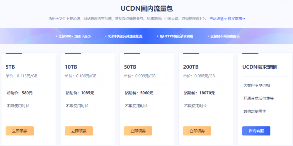 UCloud：CDN特价促销，100G流量只需1元，云储存免费20G空间，20G月流量，COM域名首年25元