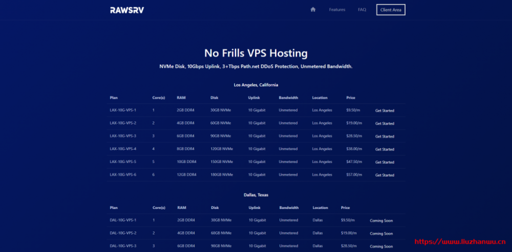 rawSRV：$9.5/月/1核/2GB内存/30GB NVMe空间/不限流量/10Gbps端口/DDOS/KVM/洛杉矶-国外主机测评