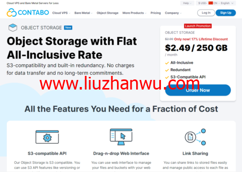 Contabo：美国对象存储( Object Storage)上线，不限流量，限时8折终身优惠，$2.49(250G/月)，可选德国/美国/新加坡插图