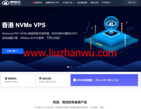 #2022年终狂欢#野草云：香港vps，4核/10G/30G NVMe/800G流量/100Mbps/带宽，年付￥213.48插图